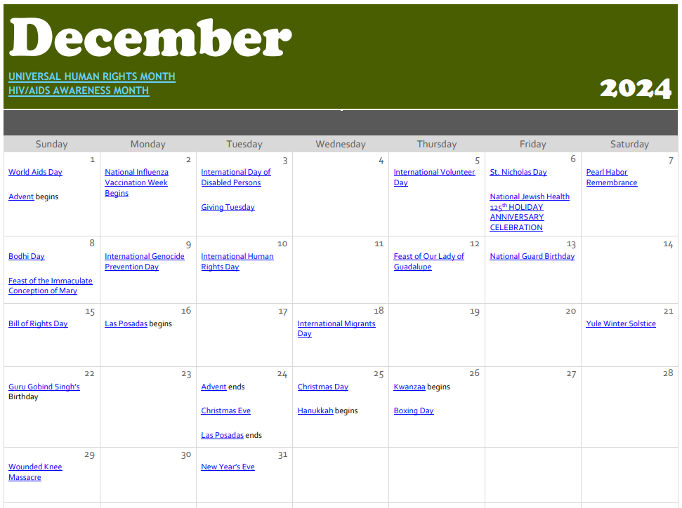 December 2024 Celebration Calendar 