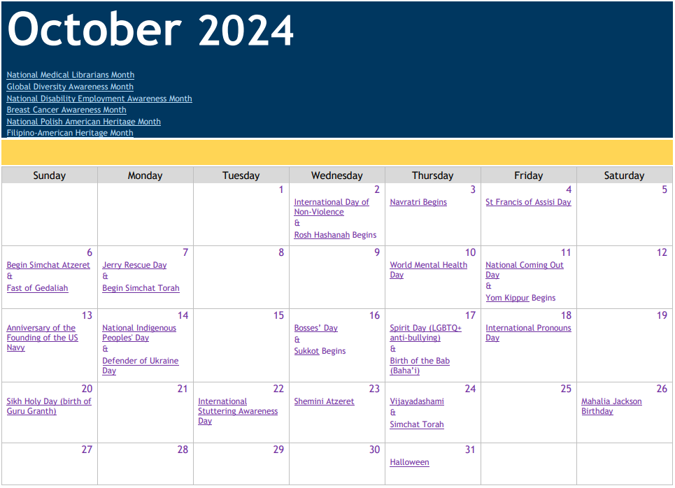 October 2024 Celebration Calendar 