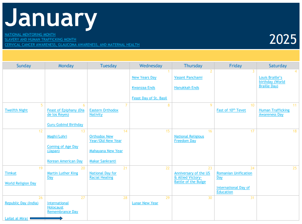 January 2025 Celebration Calendar 