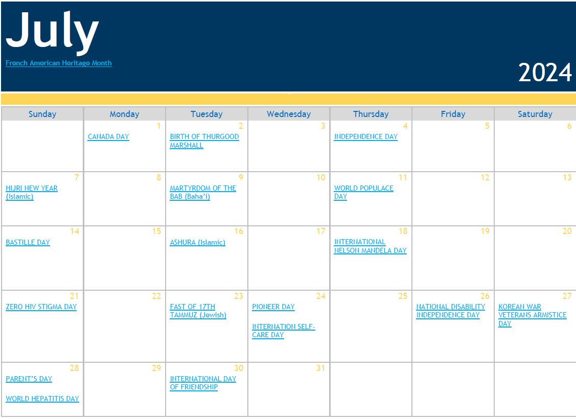 July 2024 Celebration Calendar 