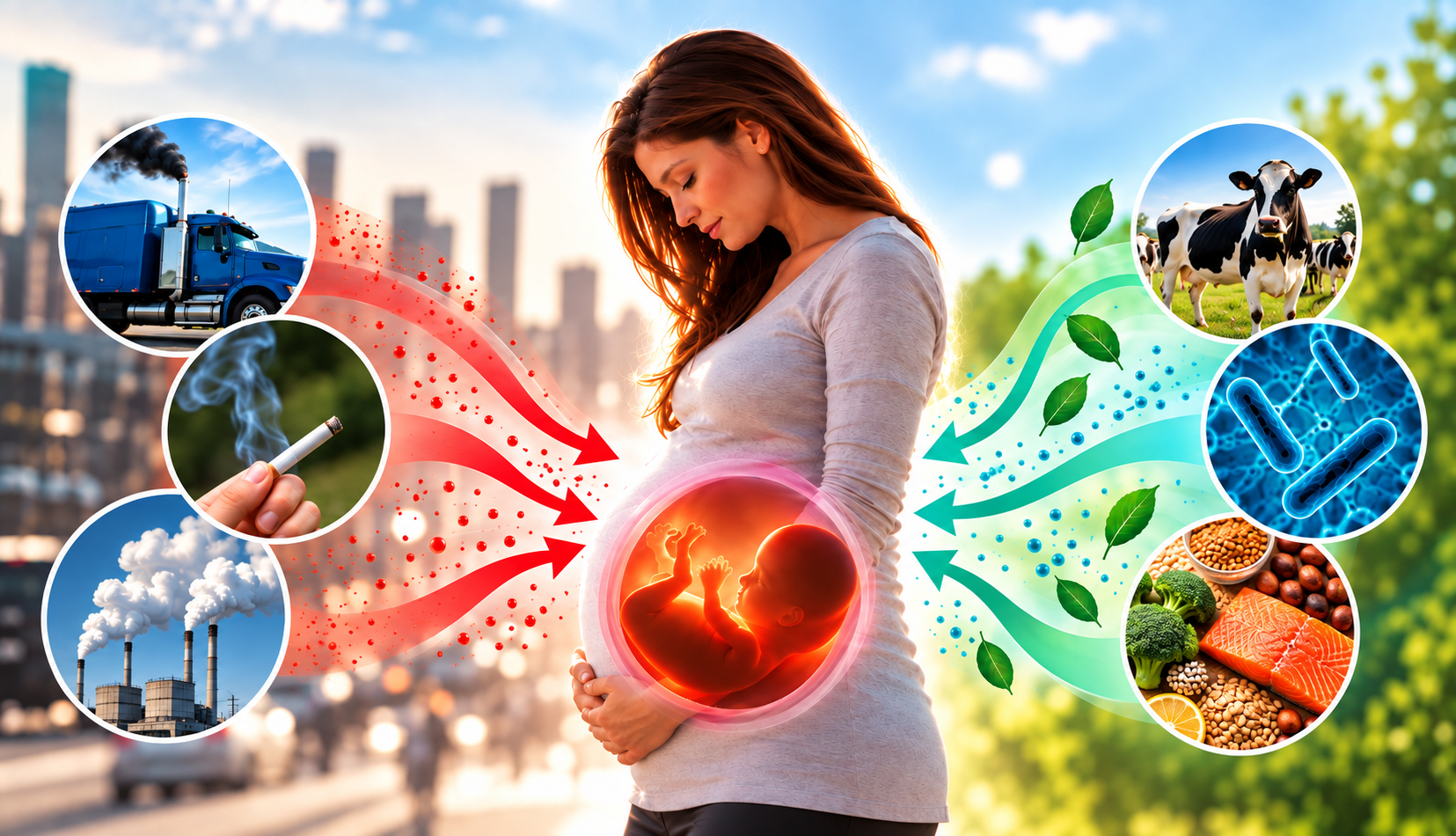 Pregnant woman with various environmental elements surrounding her