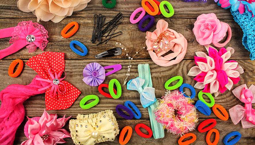 Hair clips, scrunchies, bows, and elastic bands.
