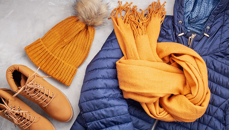 Scarves, boots, mittens, a warm hat, and a winter coat